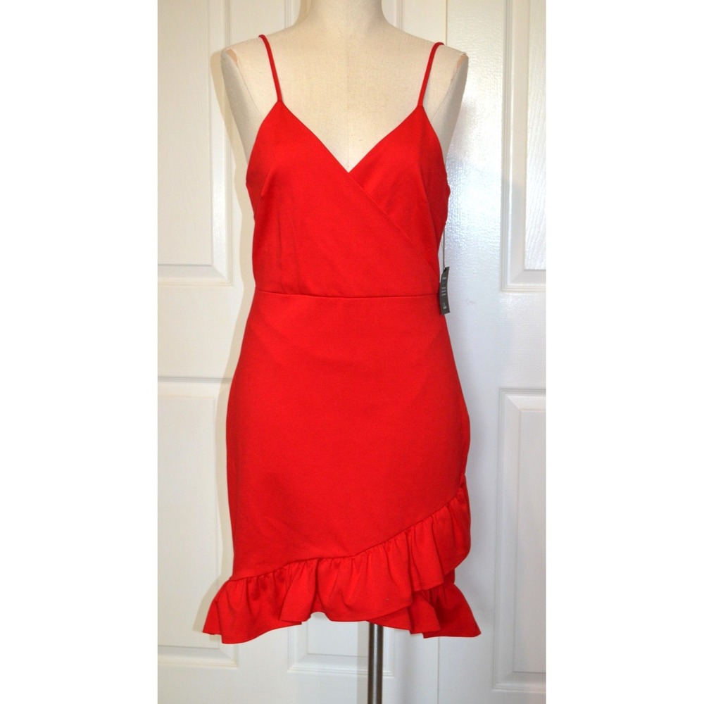 Nwt's Lulus Red Pencil Dress Women's Size L Spaghetti Straps Ruffles‎